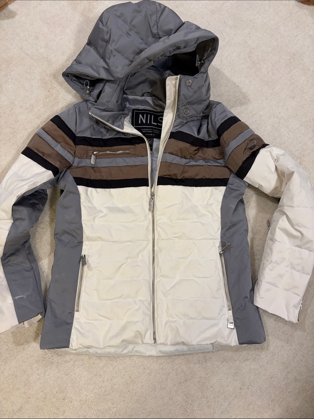 NILS DOWN coat size 6 Colorblock Hooded Puffer Jacket - silver, white & Brown